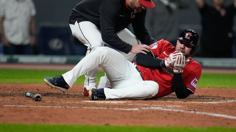 CORRECTION CORRECTS HITTING ON THE FACE BY PITCH - Cleveland Guardians manager Stephen Vogt,...