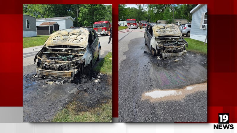 Power line falls onto car, catches fire in Hambden
