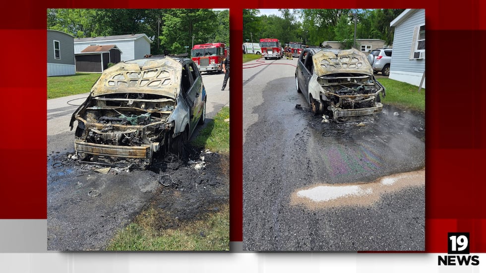 Power line falls onto car, catches fire in Hambden