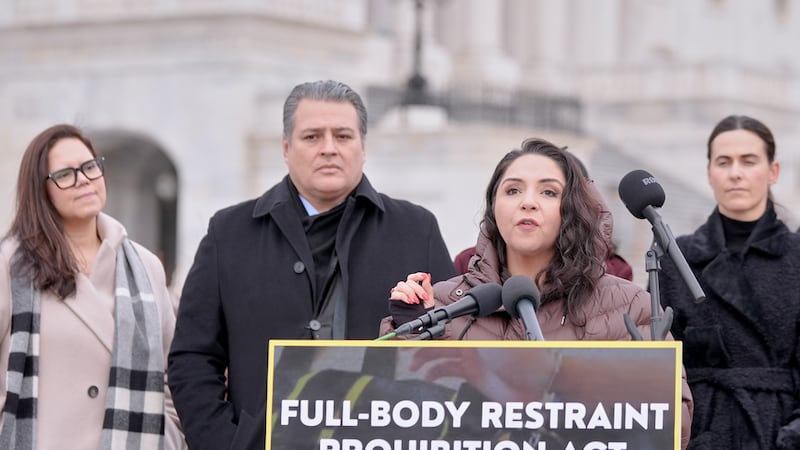 La representante demócrata por Illinois Delia Ramírez durante una conferencia de prensa para...